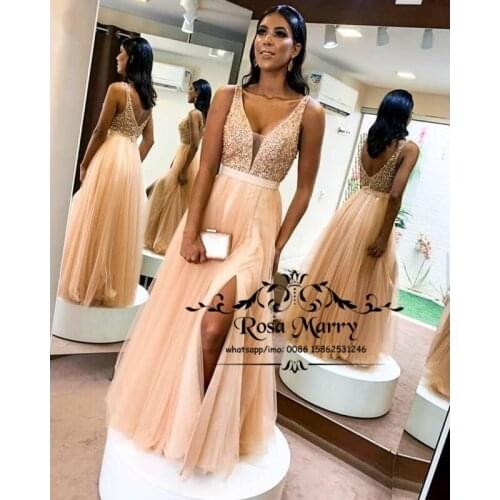 Sparkly Crystals Beaded Long Prom Dresses 2021 A Line Backless Girls Pageant Celebrity Formal Evening Party Gowns for Women