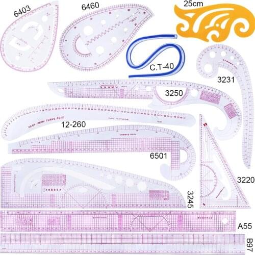 Imzay 12Pcs Ruler Tailor Measuring Kit Clear Sewing Drawing Ruler Yardstick Sleeve Arm French Curve Set Cutting Ruler