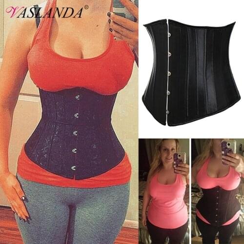 Bustiers & Corsets 24 Steel Boned Waist Trainer Corset Satin Lace Up Underbust Bustier Brocade Corselet Slimming Body Shaper