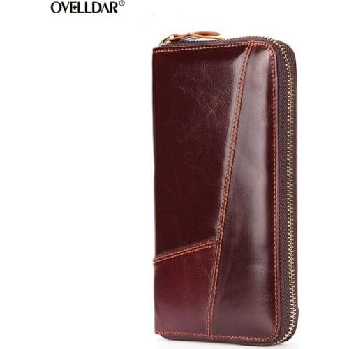 Mens Wallet Genuine Leather Male Clutch Bag Long Coin Purse Crazy Horse Oil Wax Leather Mens Zipper Bag Large Capacity