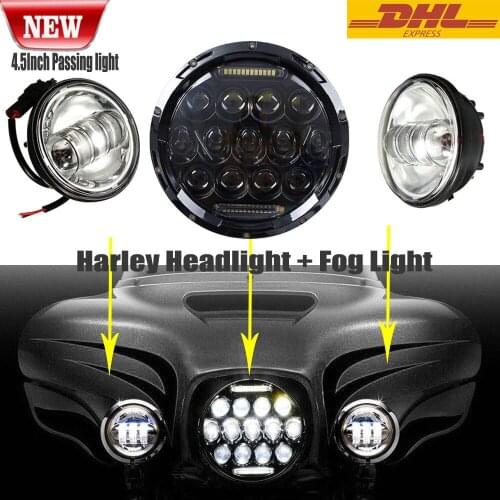 1x 7" 75W Phillips Round LED Headlight + 4.5" Passing Lights For Harley Davidson