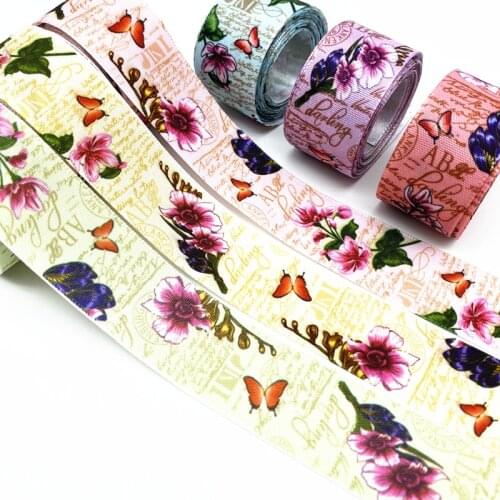 25mm wide High Quality Printed Flower Ribbon Polyester Satin Ribbon Gift Wrapping Wedding Decoration Hair Bows DIY
