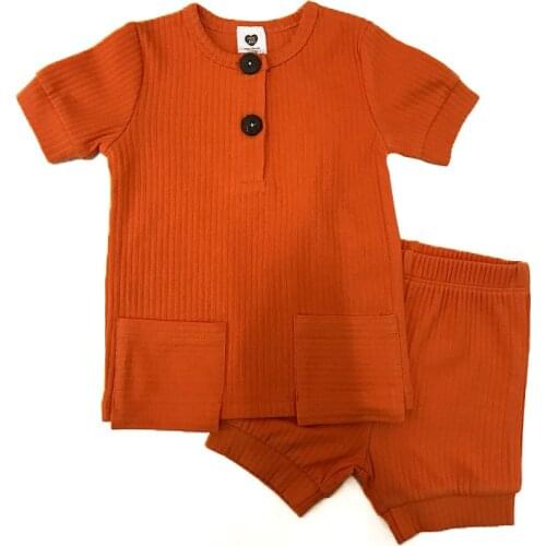 Bay clothes 2pcs set ribbed kids clothes baby boy clothes girls clothes round neck shorts two colors patches with pocket t shirt