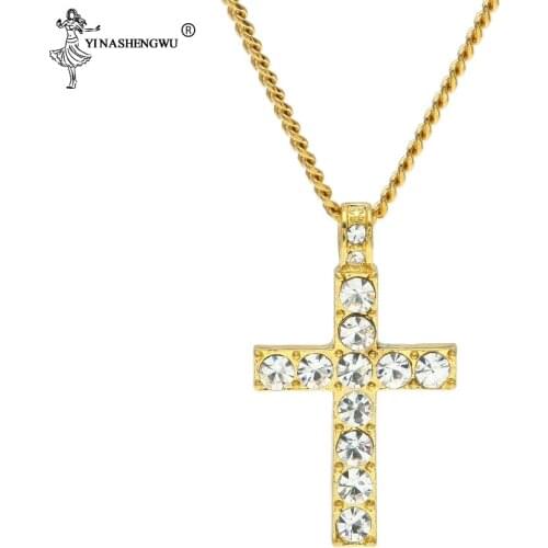 Hip Hop Alloy Gold Color Cross Pendant Necklace Religious Iced Out Rhinestone Crucfix Necklace For Men Jewely Free Cuban Chain