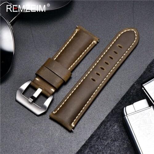 REMZEIM Handmade vintage oil wax leather watchband brown black blue 20mm 22mm 24mm 26mm leather watch strap with buckle