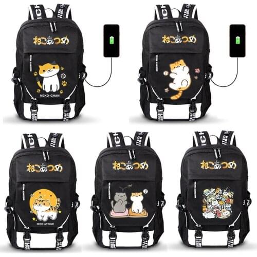 Neko Atsume Cat Backyard Anime USB Port Backpack Boy Girls Men Women Bag Travel School Bag Teenager Laptop Book Bag Mochila