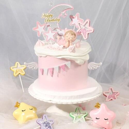 Glitter Stars Birthday Cake Topper Baby Colorful Moon Sky Clouds Wedding Cupcake Topper For Kids Birthday Party Cake Decorations