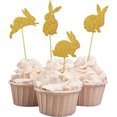 Silver Golden Rabbit Easter Party Bunny Cup Cake Topper Happy Easter Egg Dessert Decoration Inserts EA24