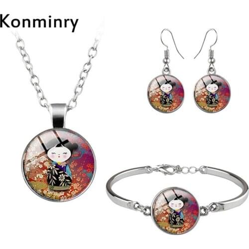 Konminry Cute Stud Earrings Japan Kokeshi Doll Jewelry Sets For Girl Women Handmade Glass Dome Necklace New Arrival