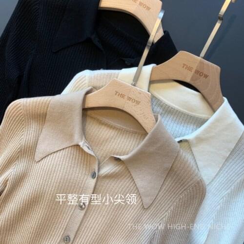 Wt2195 long sleeve small pointed collar T-shirt for women