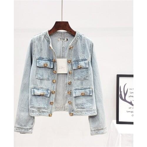 Vintage Washed Blue Denim Jackets Women Harajuku Slim Short Outerwear Autumn New O-Neck Double Breasted Jeans Jacket Coat Female