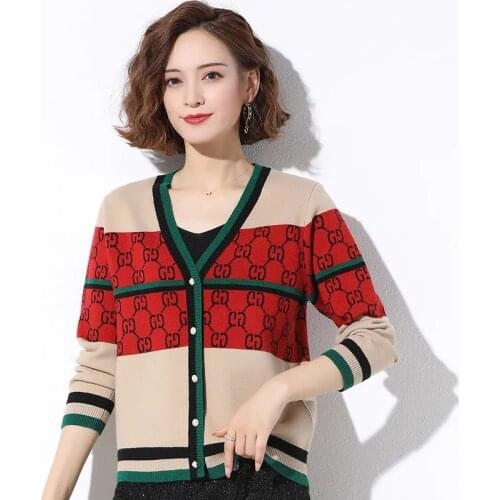 Women Vintage V-Neck Knit Cardigans Autumn Winter Warm Basic Jacket Long Sleeve Print Sweater Coat Oversized Loose Knitwear Tops