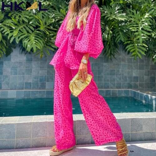 Womens solid color fluffy sleeve top + wide leg pants two piece set leisure fashion high street style 2021 new summer suit