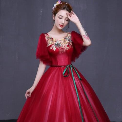 New wine sweat lady girl women princess prom banquet party ball performance dress gown free shipping