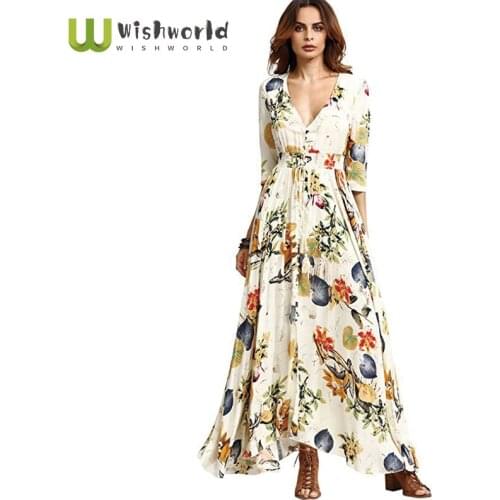 The New 2021 Bohemian National Wind Patterns on Holiday Wind Restoring Ancient Ways V-neck Long Sexy, Print Dress