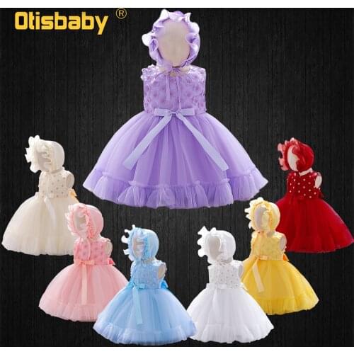 2pcs Baby Floral Christening Dresses Champagne Pink 1 2 3 Year Birthday Princess Dress for Baby Girl Newborn Lace Flower Sun Hat