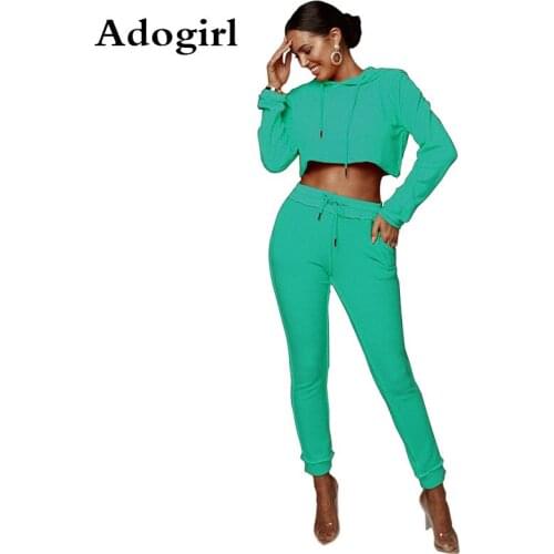Adogirl Women Solid Color Hooded Long Sleeve Sweatshirts+Skinny Pants Suit Two Piece Set 2019 Autumn Casual Sporting Tracksuit