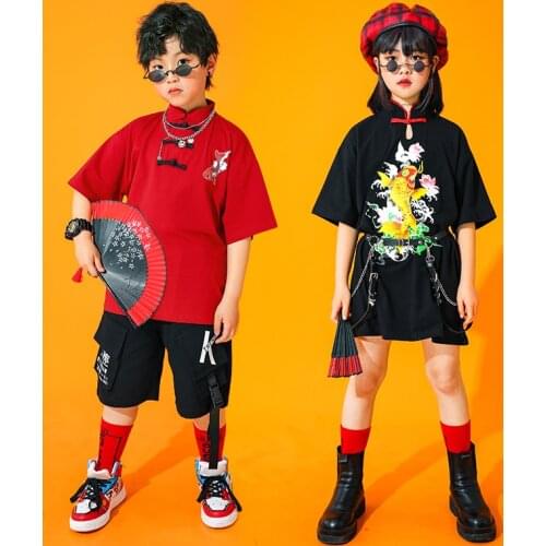 Kids Boys Girls Chinese Style Sets Streetwear Hip Hop Sports Short Sleeve Dress T-shirt Shorts Children Stage Dance Clothing