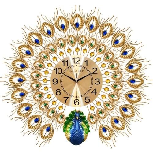 European Luxury Quartz Creative Large Wall Clock Art Golden Peacock Clocks Wall Modern Design Living Room Mute Wall Watch