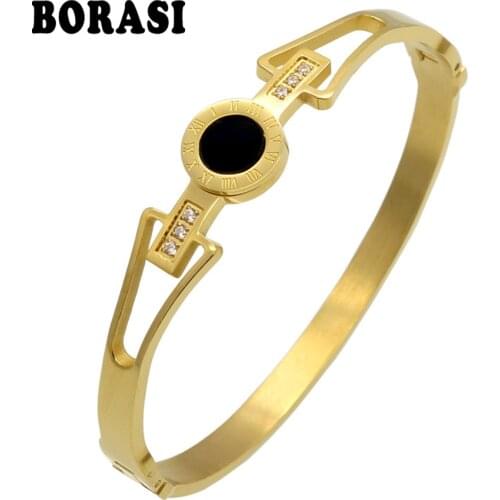 Hot Sale Fashion Opening Titanium Steel Bangles Crystal Rose Gold Color White Gold Bangles Roman Numerals Womens Bracelet