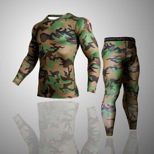 Mens Brand Clothing Army Camouflage Thermal Underwear Tracksuit Set Crossfit Fitness Shirt Men Leggings 2 piece Rashgarda MMA