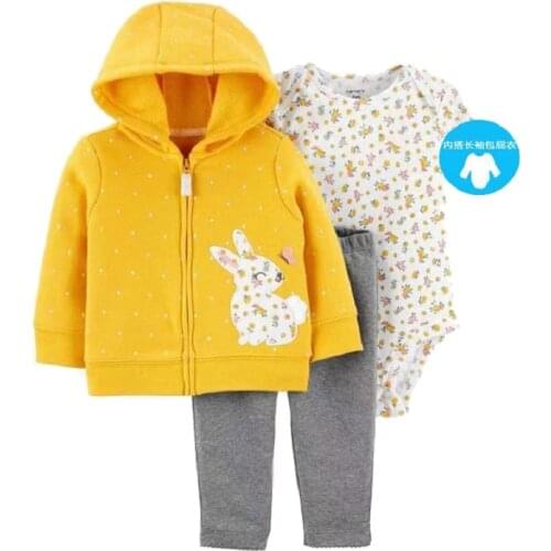 Baby Girl Clothes Set Long Sleeve Cartoon rabbit hooded jacket+romper+pant 2021 spring newborn boy outfit 6-24M COTTON