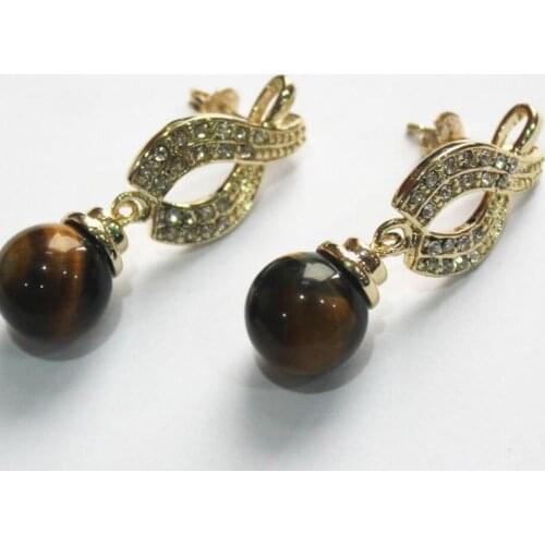 Fashionable female tiger eye 12 mm gold plated earrings