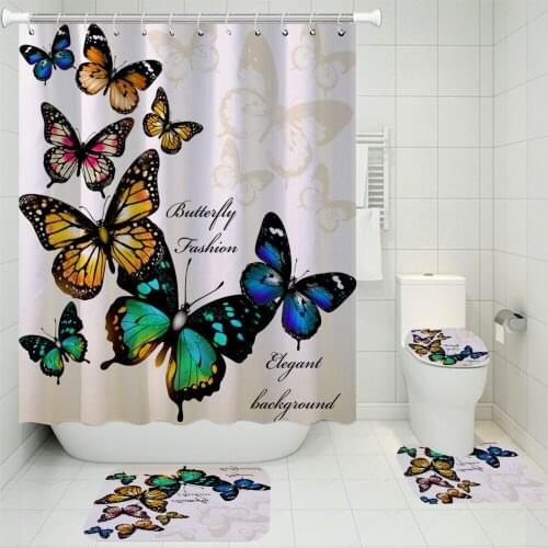 4 Pieces Butterfly Bathroom Set Colorful Home Textile 3D Print Bath Carpet Bath Curtains Animal Shower Curtain Toilet Seat