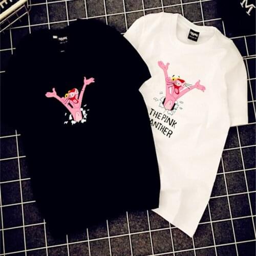 New Summer Pink Panther Cartoon Print Shirt Women Plus Size Tops Harajuku White Leopard Tees