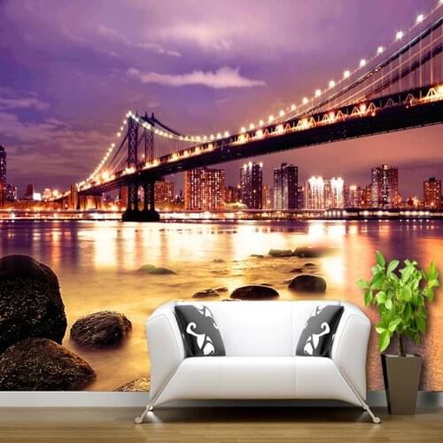 Custom Mural Wallpaper 3D Water Surface Lake Bridge City Night View Interior Decoration Wall Painting Photo Wallpaper Livingroom