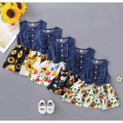Holiday dress Newborn Infant Baby Girls No Sleeve Ruffle Denim Patchwork Floral Princess Dress ropa de beb Casual