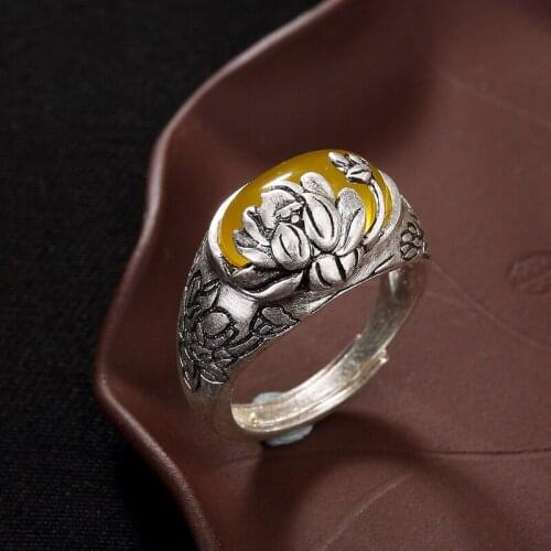 Silver S990 Zuyin retro matte lotus mosaic opening Ms. high-grade all-match ring wholesale agent