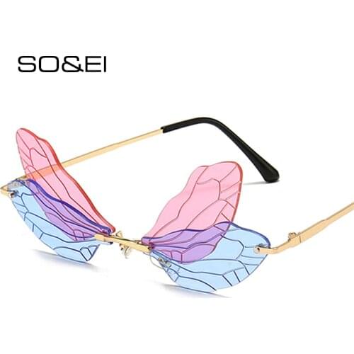SO&EI Fashion Rimless Dragonfly Wing Sunglasses Women Vintage Clear Ocean Lens Eyewear Men Pink Yellow Sun Glasses Shades UV400