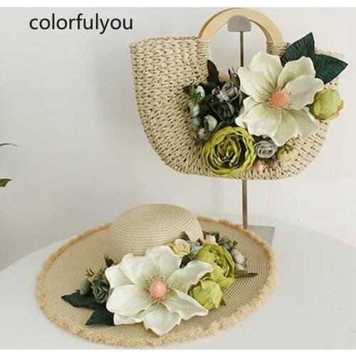 2021 NEW Handmade Straw Totes for Woman Wood Ring Handle handbag Casual Flowers Woven Larger Capacity Bag for Girls Travel