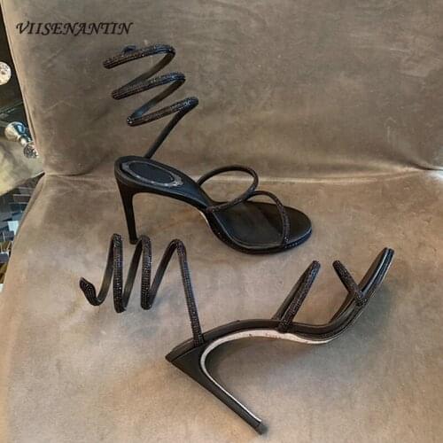 Glittering rhinestone snake-shaped sandals womens summer 2021 new style strap shiny twine French stiletto high heel sandals