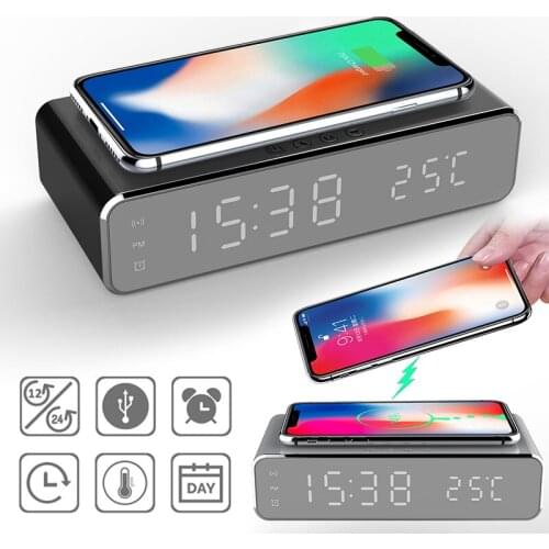 LED Electric Alarm Clock Wireless Charger For Iphone Sumsung Desktop Digital Thermometer Clock HD Clock Mirror With Time Memory