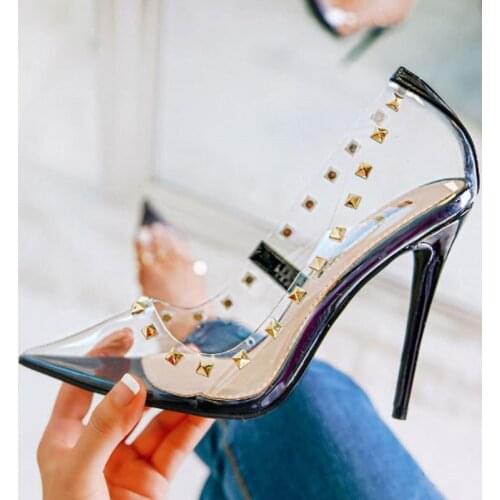 Transparent Studded Women Pumps Patchwork Mixed Color Pointed Toe Slip On Shoes Ladies Dress Party High Heel Stiletto Shoes