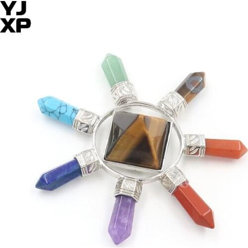 YJXP Energy Transmitter Pendant 7 Chakra Hexagonal Column Tiger Eye Stone Square Pyramid Reiki Healing Yoga Balancing Jewelry