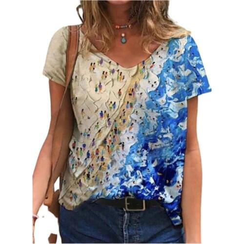 3XL Summer T Shirt 2021 New Women Beach Party Character Print T Shirt Streetwear Casual Short Sleeve V-Neck Tee Tops Plus Size