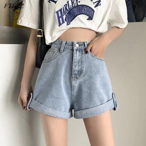FTLZZ High Waist Women Spring Summer Loose Retro Blue Denim Shorts Casual Female Streetwear Wide Leg Vintage Ladies Jeans Shorts