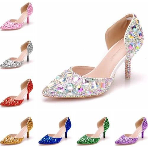 Crystal Queen Women Rhinestone Wedding Shoes High Heels Sandals 7CM Pointed Toe Bridal Dress Pumps Lady Pumps