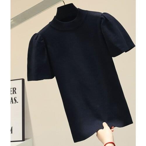 Fashion O collar Solid color sweater bottoming shirt womens Puff sleeve thin pullover 2021 summer Ice silk Short sleeve