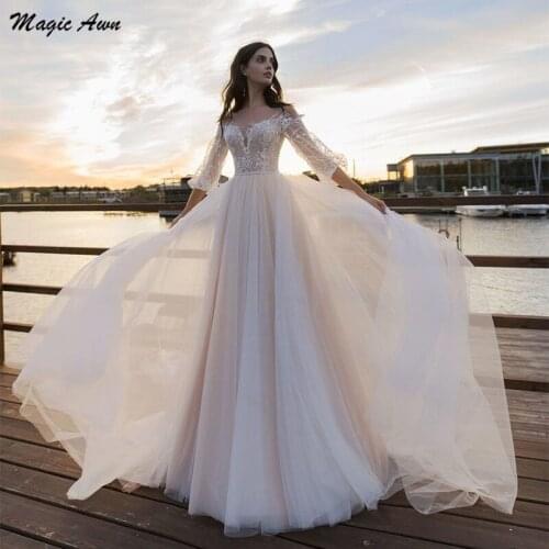 Magic Awn New Boho Wedding Dresses Puff Sleeves Illusion Princess Lace Appliques Bride Gowns Beach Customized Vestidos Boda