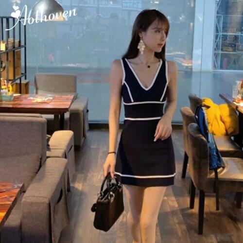 2019 Summer Sexy Party Dresses Women Apricot Navy Blue Sleeveless V Neck Elegant Knitting Dresses Vestidos Bandage Club Dress