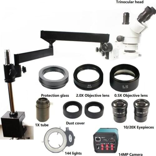 3.5X-90X Articulating Arm Zoom Stereo Microscope 14MP HDMI USB TF Card Digital Camera 2.0X 0.5X Objective Len 144 LED Light