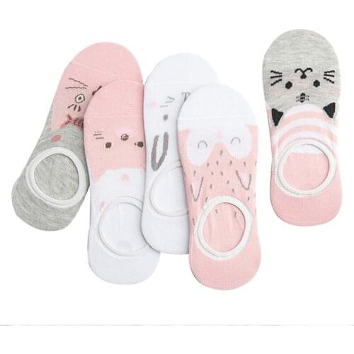 5 Pairs Pink Cartoon Sweet Women Socks Breathable Patchwork Color Womens Boat Socks Cotton Ankle Socks Girls Invisible Sock