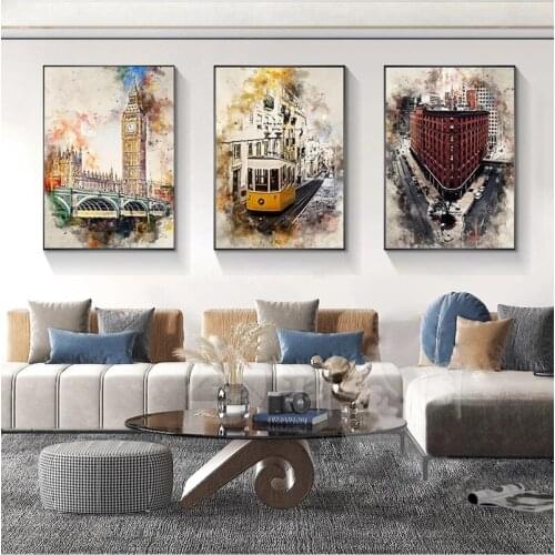 Abstract Watercolor London City Big Ben Canvas Prints Landscape Vintage Posters Painting Wall Art Pictures for Bedroom Decor