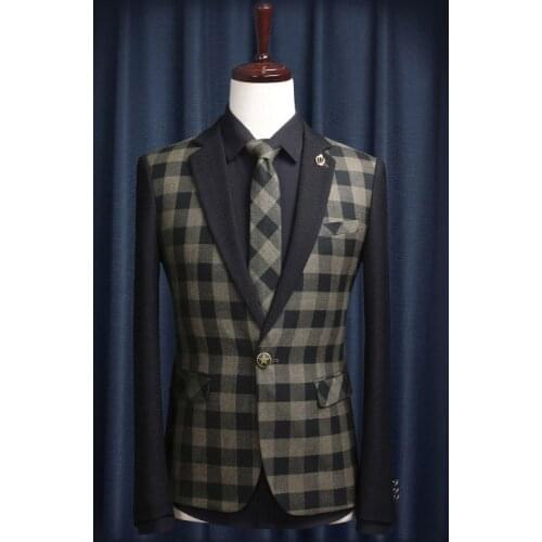 Free Shipping 2014 Autumn New Arrival American Style Simple Fashion Plaid Printed Slim Men Suit Man Business Formal Blazer