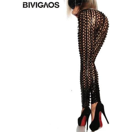 BIVIGAOS Fashion Womens Gothic Punk Rock Metal Bright Pierced Scales Hole Ripped PU Leather Elastic Sexy Leggings Stretch Pants