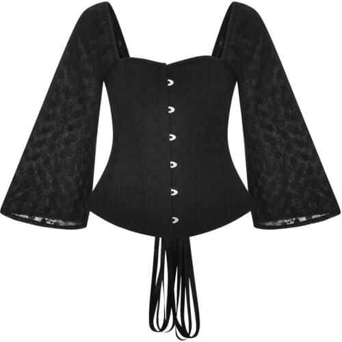 Black Flare Sleeve Blouse Women Fashion Square Collar with Straps Decoration Shirt Vintage Office Work Blouse Shirt For Ladies